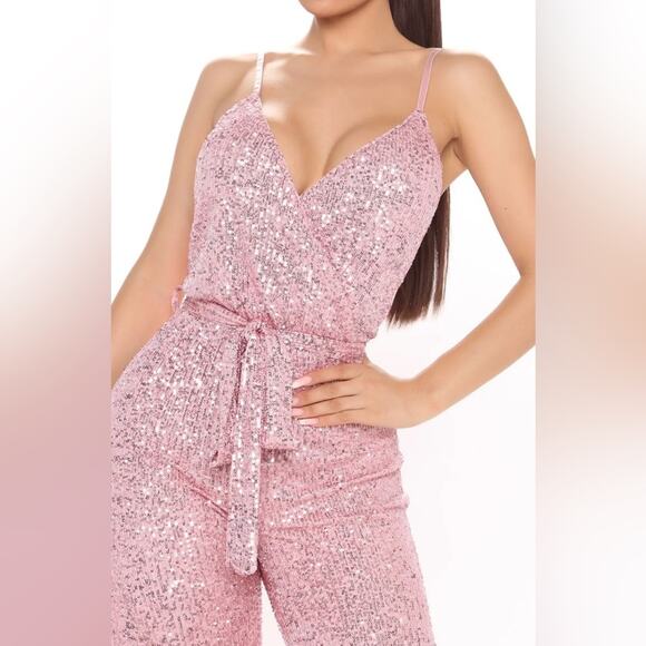 NEW FASHION NOVA Can't Hide The Shine Sequin PINK Jumpsuit SZ L - Picture 2 of 13